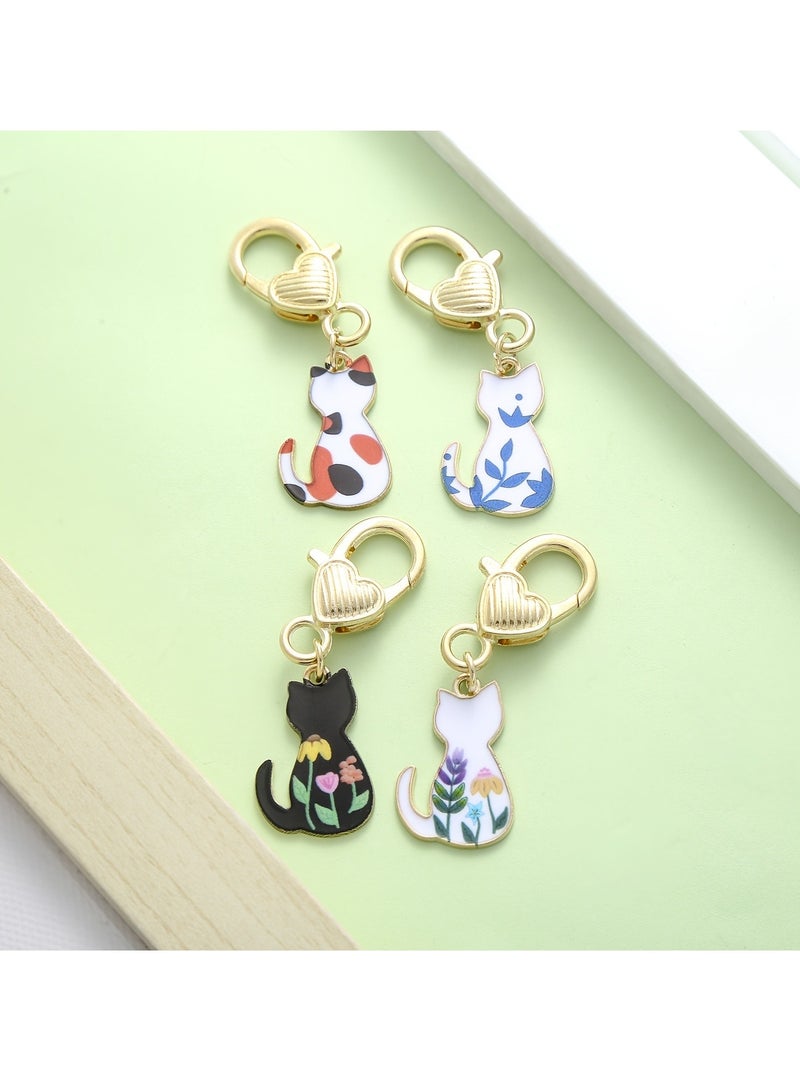 Generic 4-Piece Zinc Alloy Enamel Cat Keychain Set - Cute Floral Cat Bag Charms with Lobster Clasp - Unplated Metal Keyrings for Women and Girls  - Image 1