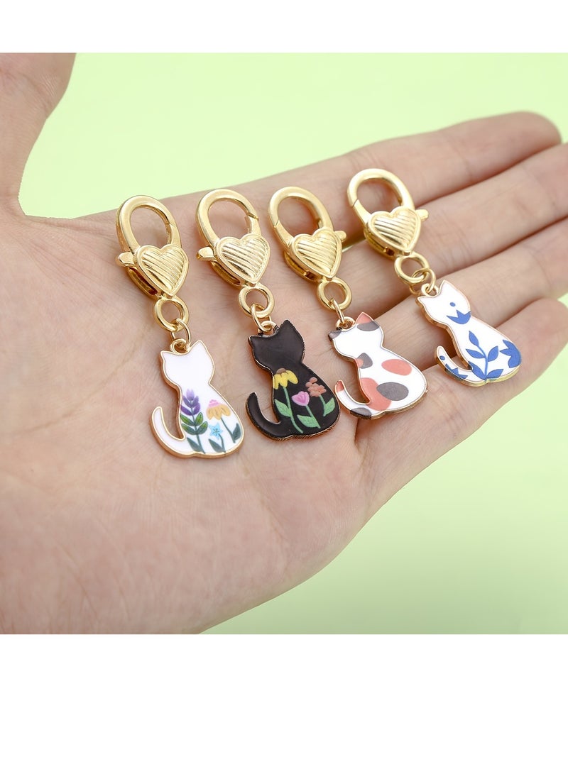 Generic 4-Piece Zinc Alloy Enamel Cat Keychain Set - Cute Floral Cat Bag Charms with Lobster Clasp - Unplated Metal Keyrings for Women and Girls  - Image 2