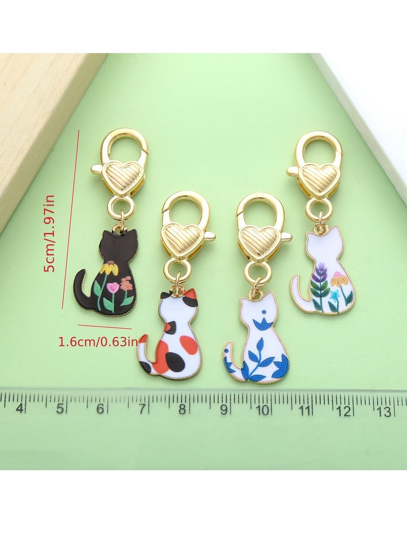 Generic 4-Piece Zinc Alloy Enamel Cat Keychain Set - Cute Floral Cat Bag Charms with Lobster Clasp - Unplated Metal Keyrings for Women and Girls  - Image 4