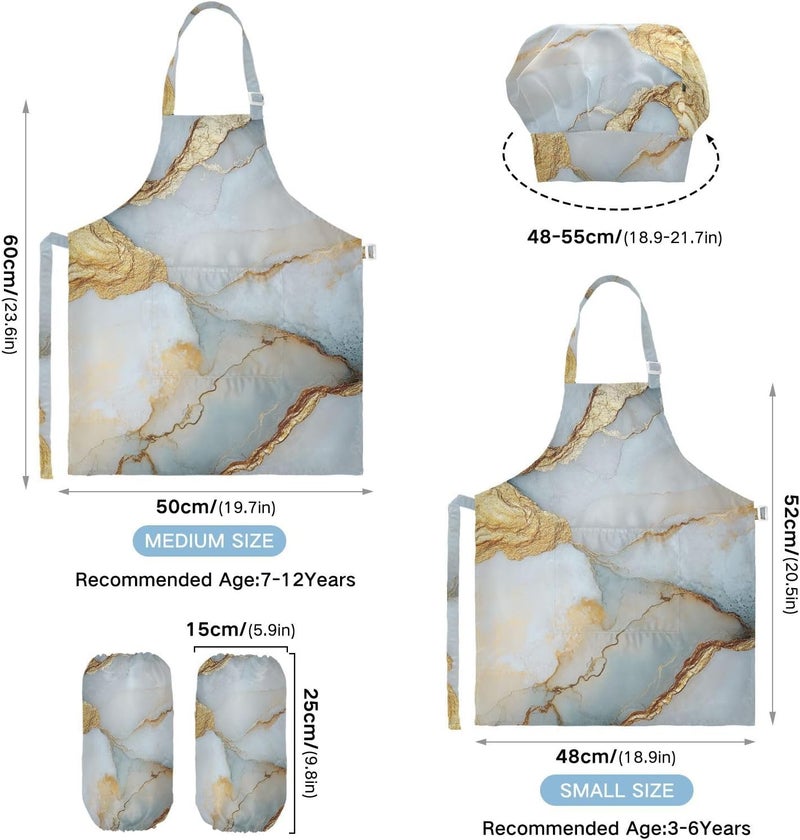 Kids Smocks Waterproof Marble White Kids Apron Chef Hat Set for Boys Girls 3-12 Years Old - Image 3