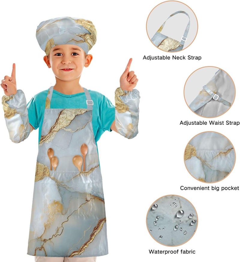 Kids Smocks Waterproof Marble White Kids Apron Chef Hat Set for Boys Girls 3-12 Years Old - Image 4
