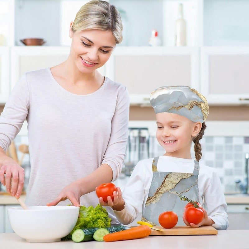 Kids Smocks Waterproof Marble White Kids Apron Chef Hat Set for Boys Girls 3-12 Years Old - Image 5