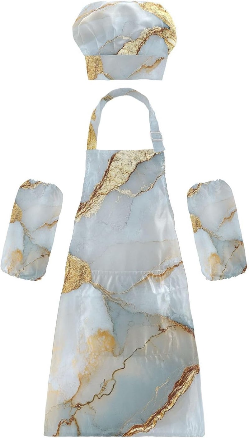Kids Smocks Waterproof Marble White Kids Apron Chef Hat Set for Boys Girls 3-12 Years Old - Image 1