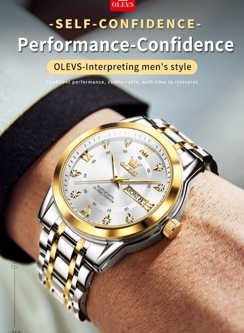 OLEVS Watches for Men Stainless Steel Quartz Analog Water Resistant Watch Gold White Business Quartz Watches - Image 4