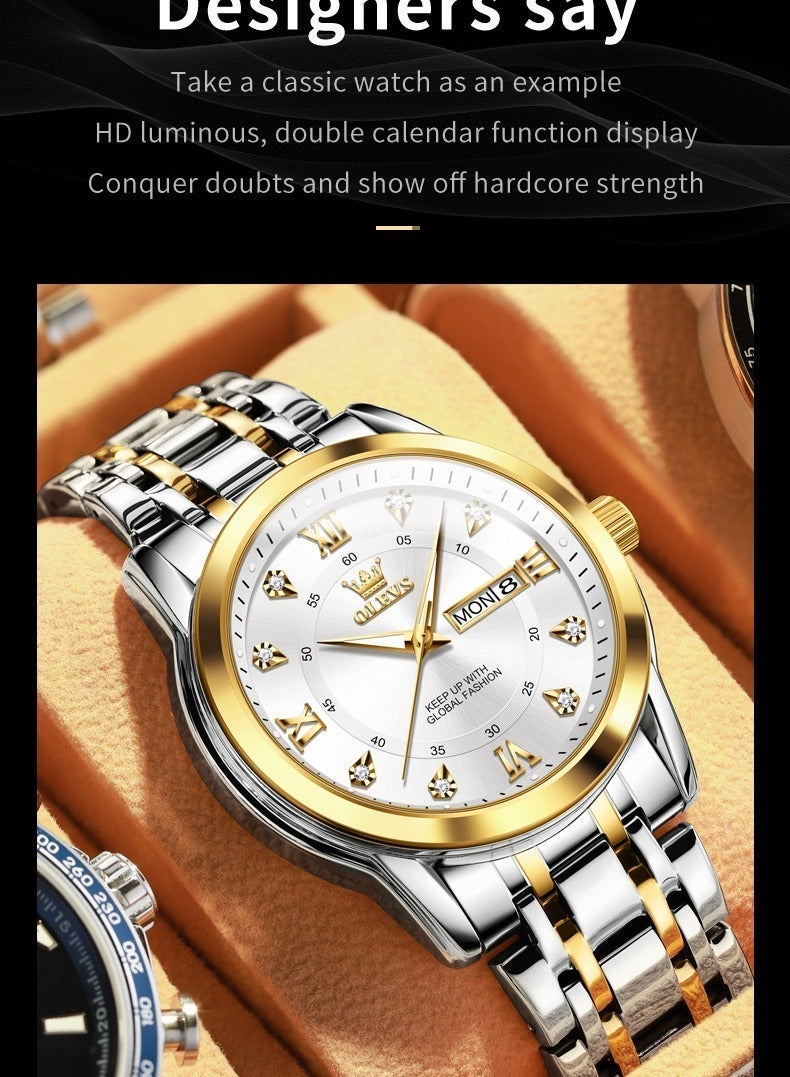 OLEVS Watches for Men Stainless Steel Quartz Analog Water Resistant Watch Gold White Business Quartz Watches - Image 5