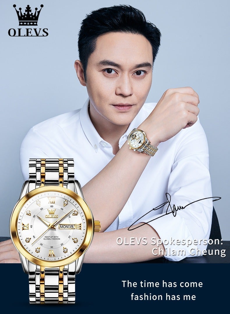 OLEVS Watches for Men Stainless Steel Quartz Analog Water Resistant Watch Gold White Business Quartz Watches - Image 3