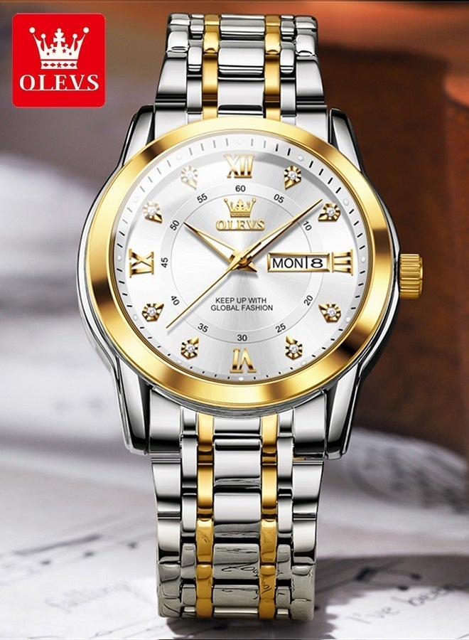OLEVS Watches for Men Stainless Steel Quartz Analog Water Resistant Watch Gold White Business Quartz Watches - Image 1