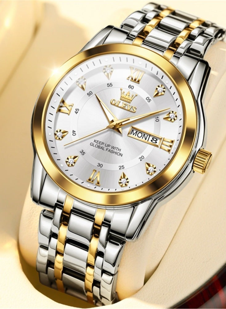 OLEVS Watches for Men Stainless Steel Quartz Analog Water Resistant Watch Gold White Business Quartz Watches - Image 2