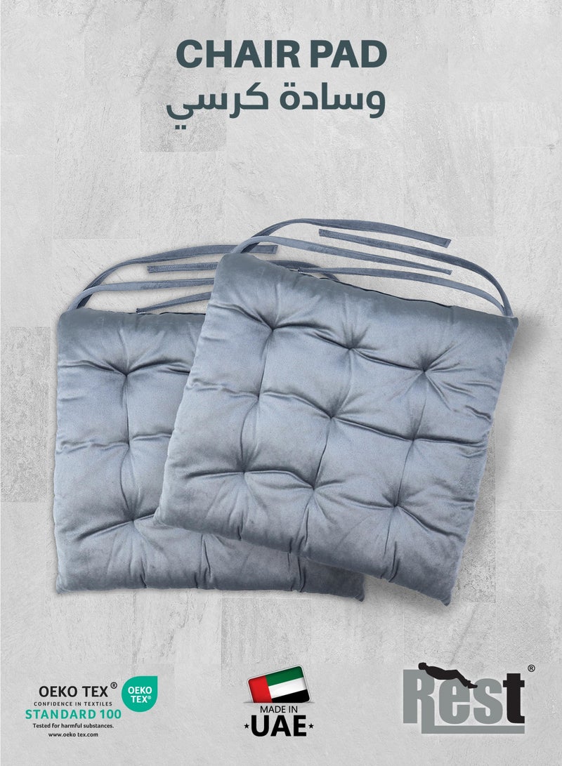 REST Pack of 2 Velvet Soft Chair Pad with Seat Ties Suitable for Garden , Kitchen and Office Chairs Indoor and Outdoor  Silver 40x40cm - Image 1