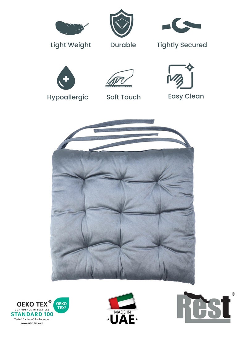 REST Pack of 2 Velvet Soft Chair Pad with Seat Ties Suitable for Garden , Kitchen and Office Chairs Indoor and Outdoor  Silver 40x40cm - Image 4