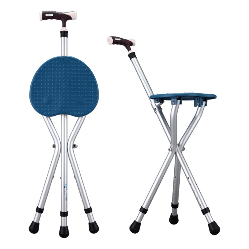 Yayayo Walking Cane with Seat Aluminum Alloy Portable LED Floding Chair for Seniors Adult Height Adjustable Heavy Stick Stool for Elderly Gift Blue - Image 1