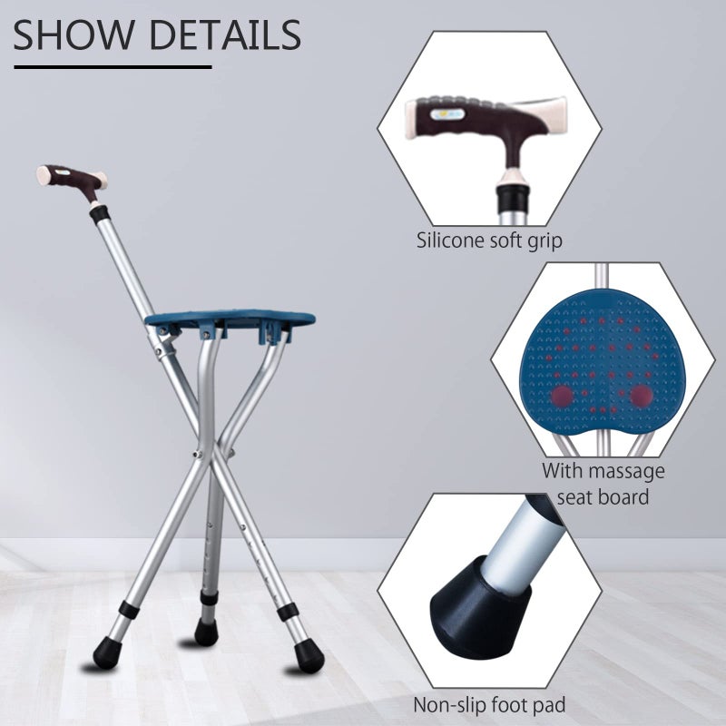 Yayayo Walking Cane with Seat Aluminum Alloy Portable LED Floding Chair for Seniors Adult Height Adjustable Heavy Stick Stool for Elderly Gift Blue - Image 2