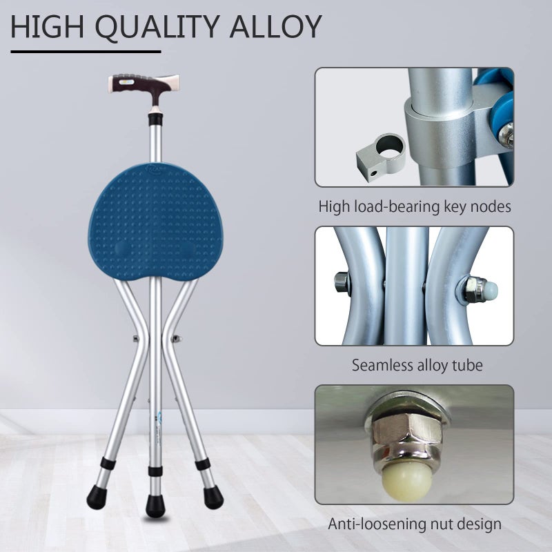 Yayayo Walking Cane with Seat Aluminum Alloy Portable LED Floding Chair for Seniors Adult Height Adjustable Heavy Stick Stool for Elderly Gift Blue - Image 3
