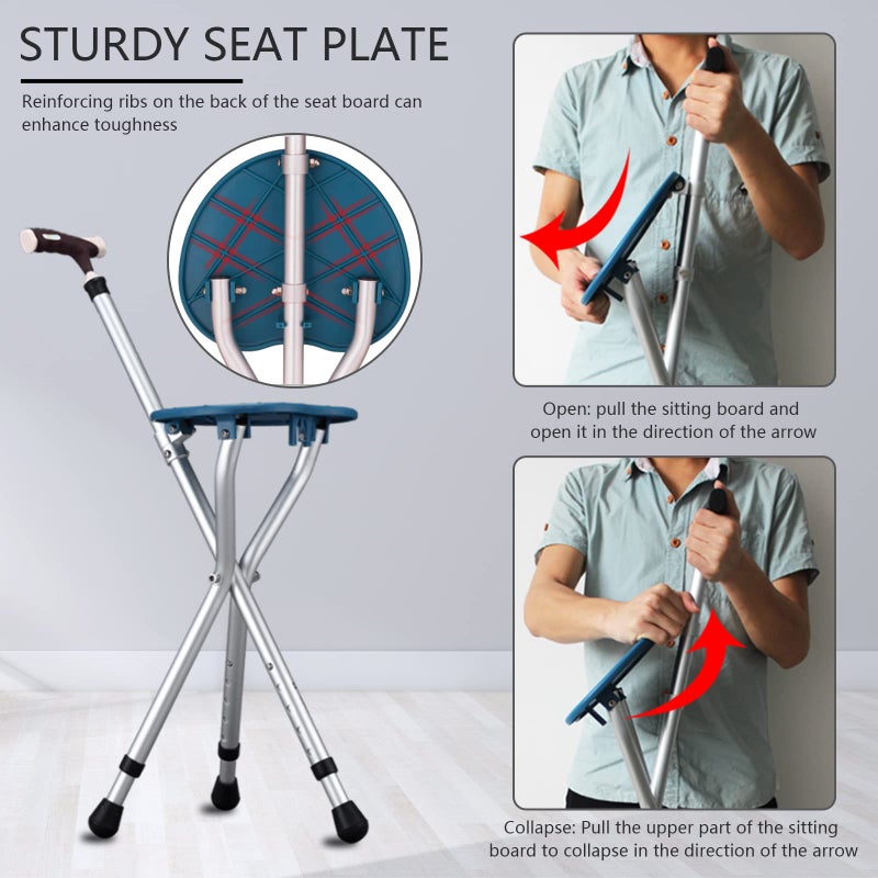 Yayayo Walking Cane with Seat Aluminum Alloy Portable LED Floding Chair for Seniors Adult Height Adjustable Heavy Stick Stool for Elderly Gift Blue - Image 4