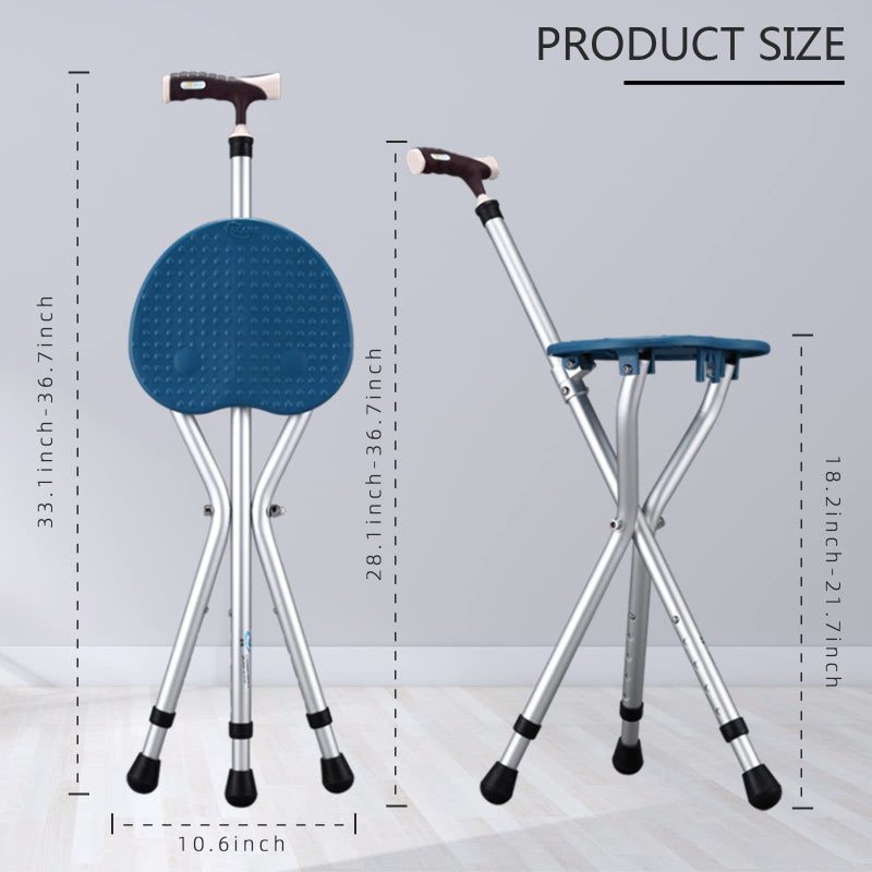 Yayayo Walking Cane with Seat Aluminum Alloy Portable LED Floding Chair for Seniors Adult Height Adjustable Heavy Stick Stool for Elderly Gift Blue - Image 5