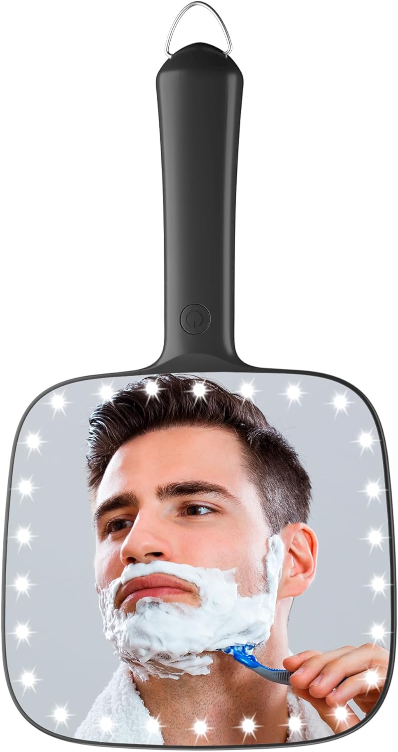 Famihomii Lighted Handheld Mirror, 6.2"x 5.9" Square Glass Frame with LED Beads, Battery Operated, Ideal for Haircut, Shaving, Makeup, and Wound Care