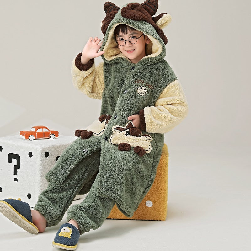 Children'S Nightgown Men'S Coral Fleece Fleece-Lined Thickened Youth Boys' Boys' Bathrobe Pajamas - Image 2