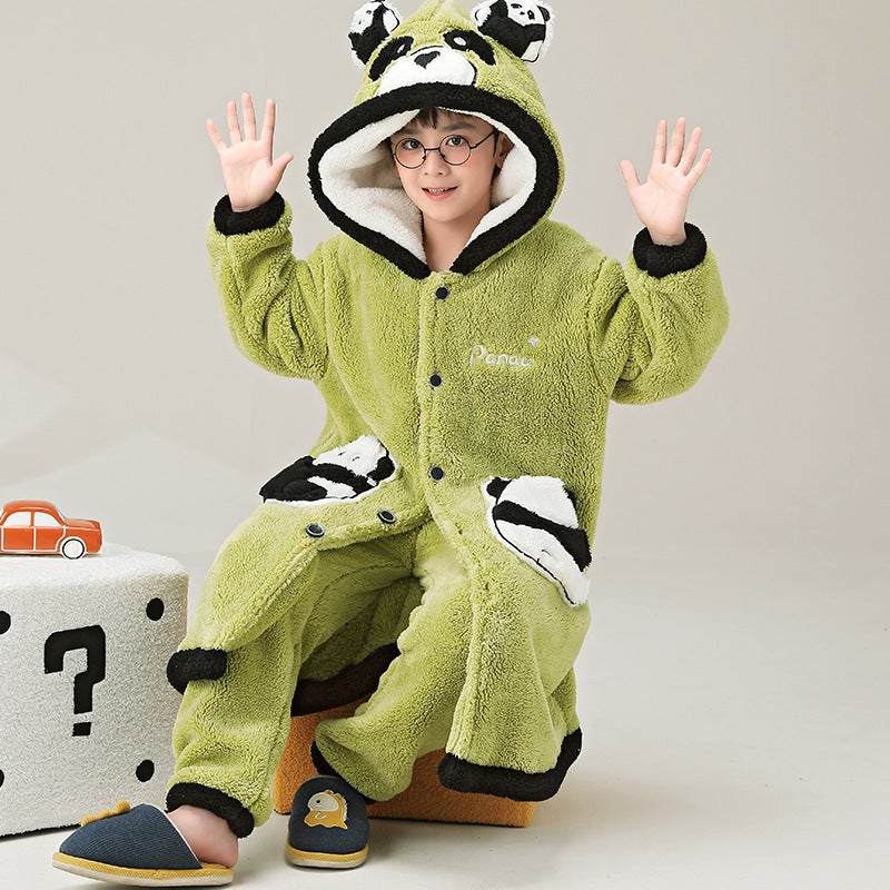 Children'S Nightgown Men'S Coral Fleece Fleece-Lined Thickened Youth Boys' Boys' Bathrobe Pajamas - Image 3