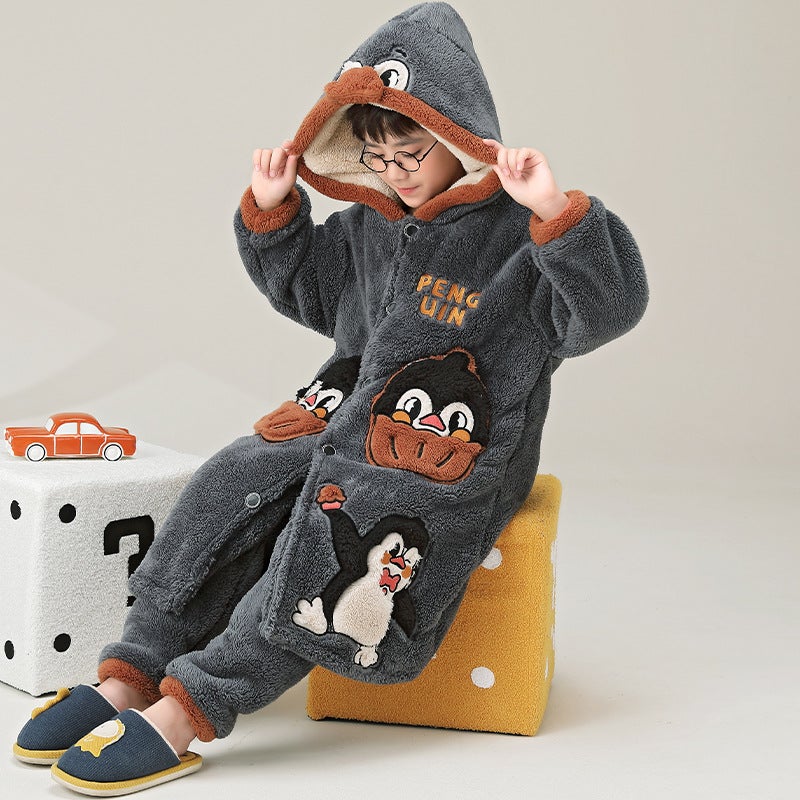 Children'S Nightgown Men'S Coral Fleece Fleece-Lined Thickened Youth Boys' Boys' Bathrobe Pajamas - Image 4