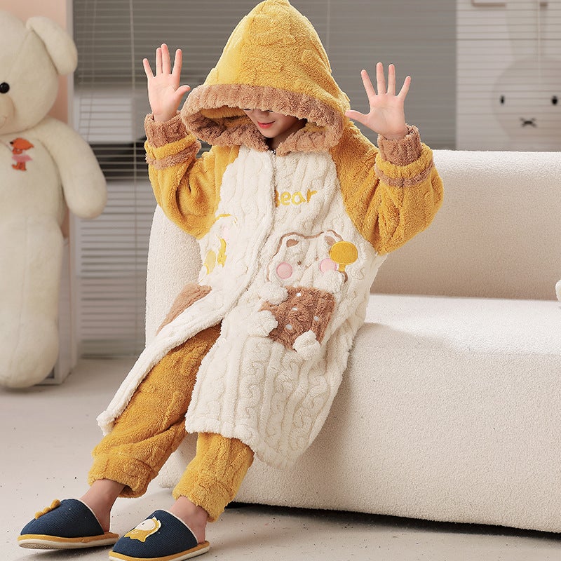 Children'S Nightgown Men'S Coral Fleece Fleece-Lined Thickened Youth Boys' Boys' Bathrobe Pajamas - Image 1