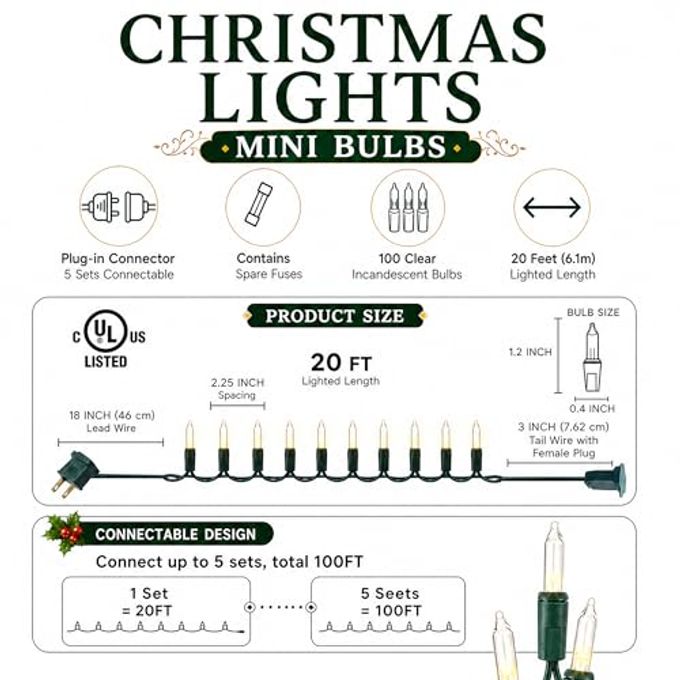 TW SHINE Warm White Christmas Lights Outdoor, 20FT 100 Count Incandescent Christmas Light Indoor, Waterproof Christmas Tree String Lights for Xmas Decorations - Image 2