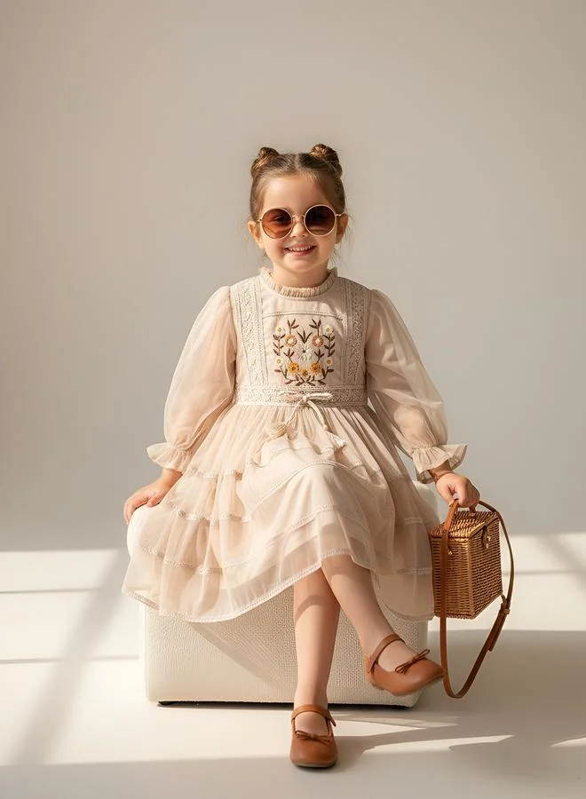 Bella Moda Beige Embroidered Tie-Up Detail A-Line Knee-Length Dress