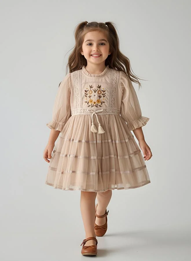 Bella Moda Beige Embroidered Tie-Up Detail A-Line Knee-Length Dress