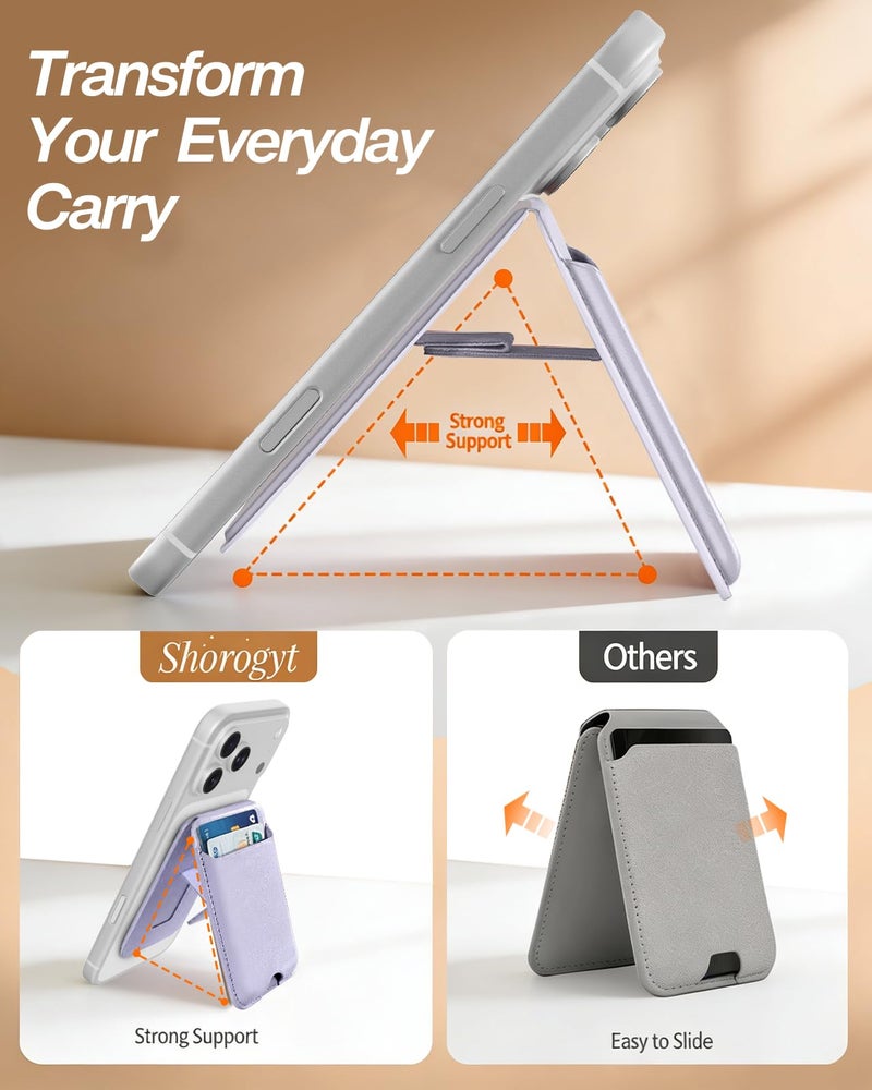 Shorogyt Compatible with Magsafe Wallet with Stand - Magnetic Wallets for iPhone 17/16/15/14/13/12 Series Slim Leather Minimalist Magnet Phone Card Holder for Women Girls Men Fit 4 Cards, Purple - Image 2