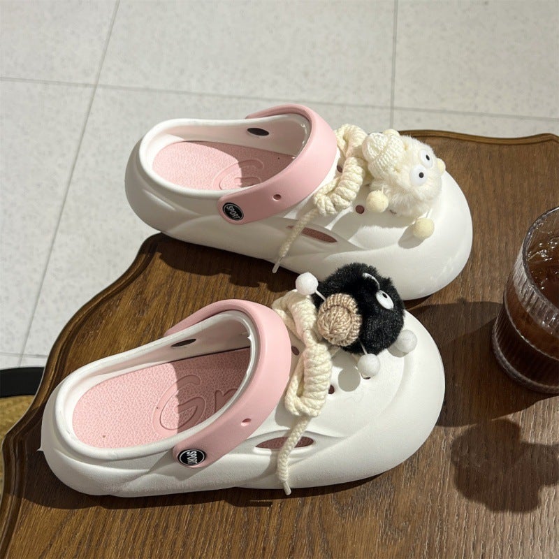 New Anti-Slip High-Heel Clogs Thick Sole Waterproof Sandals01 strap new fur ball white pink 01 strap new fur ball white pink 