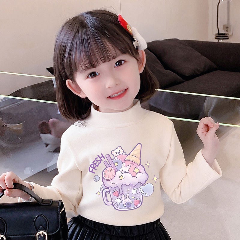 Y2304# Girls Velvet Long Sleeve Joker T-Shirt New Children'S White Coat Baby Base Shirt Tide T - Image 1