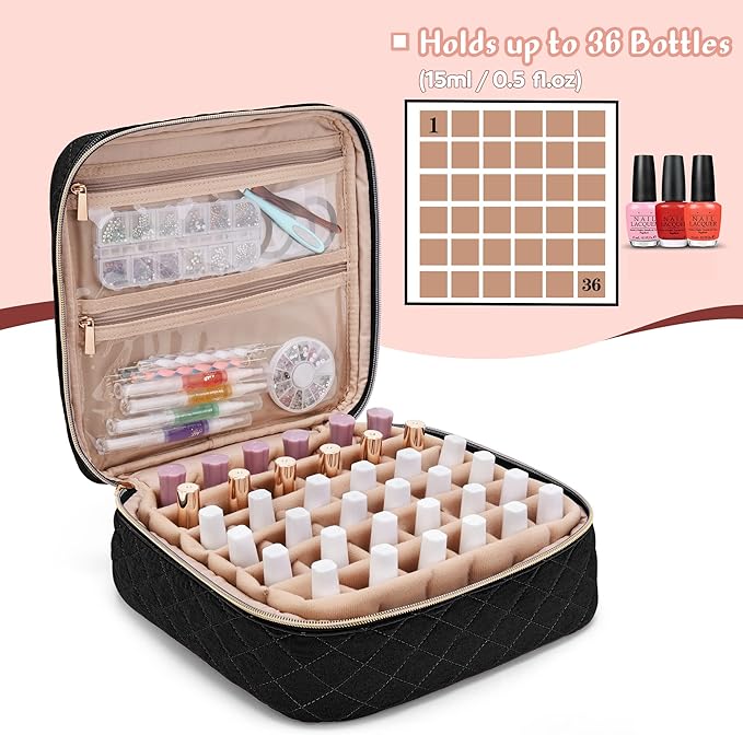 YARWO حافظة تنظيم طلاء الأظافر من ياروو - تخزين طلاء الأظافر لـ 36 زجاجة 15 مل / 0.5 أونصة سائلة - حقيبة تخزين طلاء الأظافر - حقيبة حمل طلاء الأظافر لملحقات فن الأظافر باللون الأسود - Image 3