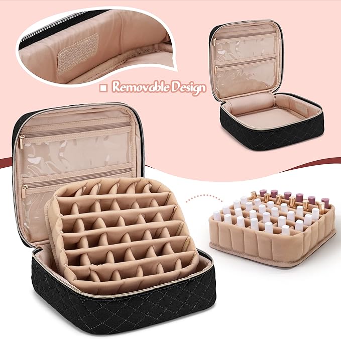 YARWO حافظة تنظيم طلاء الأظافر من ياروو - تخزين طلاء الأظافر لـ 36 زجاجة 15 مل / 0.5 أونصة سائلة - حقيبة تخزين طلاء الأظافر - حقيبة حمل طلاء الأظافر لملحقات فن الأظافر باللون الأسود - Image 2