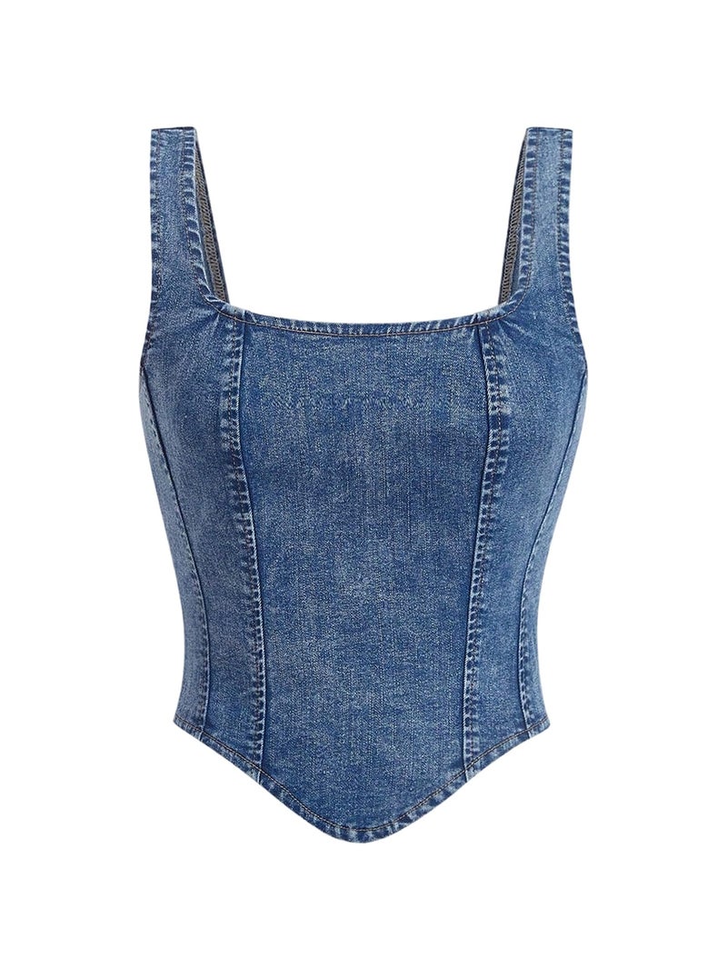 WDIRARA Women's Denim Corset Tank Top Asymmetrical Hem Crop Tops Sleeveless Zip Up Back Tanks Medium Wash Blue Medium - Image 1