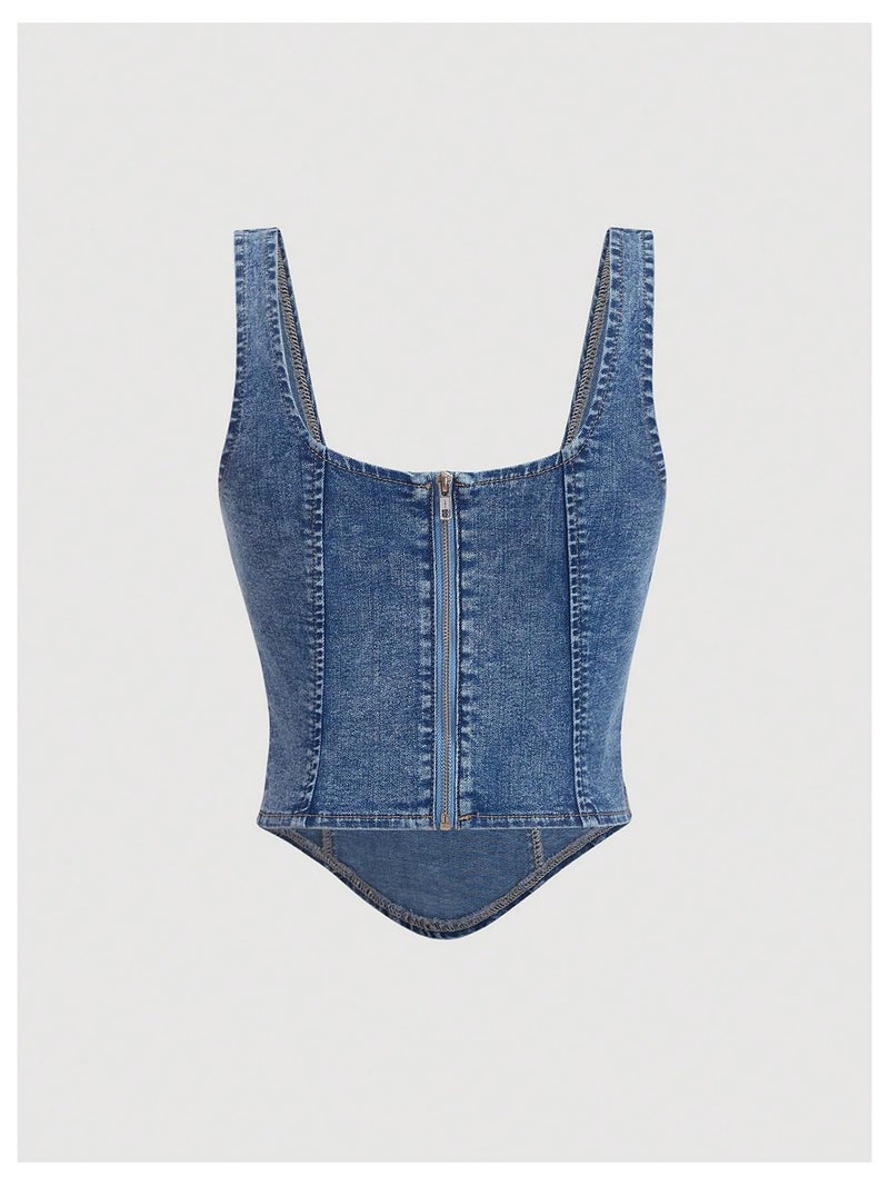 WDIRARA Women's Denim Corset Tank Top Asymmetrical Hem Crop Tops Sleeveless Zip Up Back Tanks Medium Wash Blue Medium - Image 2
