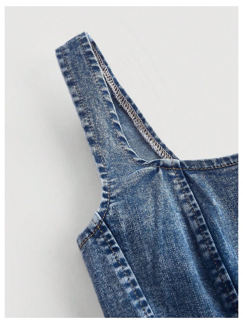 WDIRARA Women's Denim Corset Tank Top Asymmetrical Hem Crop Tops Sleeveless Zip Up Back Tanks Medium Wash Blue Medium - Image 3