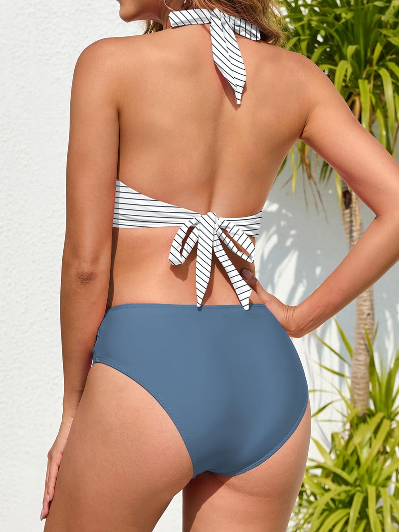 TASHEHE Women's Bikini Set High Waisted Twist Swimsuit Colorblock Halter Two Piece Bathing Suit - 432 / Stripe/Blue - Medium - Image 4