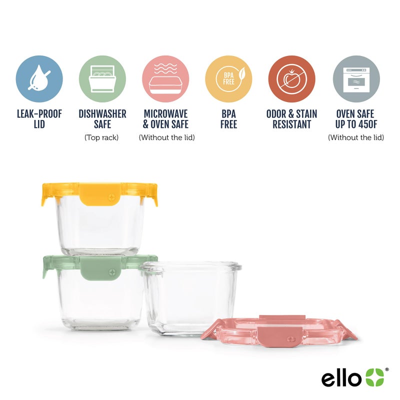 إلو Ello Color Lock 2 كوب 6 قطع 3 عبوات زجاجية لإعداد الوجبات، حاويات تخزين طعام زجاجية مقاومة للتسرب مع أغطية بلاستيكية محكمة الغلق خالية من مادة BPA، آمنة للاستخدام في غسالة الأطباق والميكروويف والفريزر، مهرجان الصحراء - Image 3