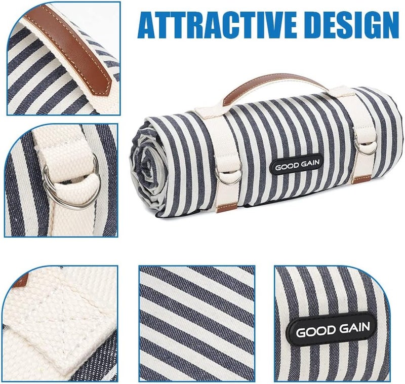 Waterproof Picnic Blanket with Carry Strap - Portable Beach Mat for Outdoor Camping and Family Parties (Navy Blue) - Image 3