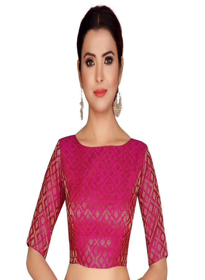 استوديو شرينجار بلوزة ساري جاهزة من قماش البروكار بأكمام تصل إلى الكوع من ستوديو شرينجار (لون وردي، مقاس 38) - Image 1