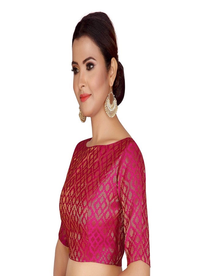 استوديو شرينجار بلوزة ساري جاهزة من قماش البروكار بأكمام تصل إلى الكوع من ستوديو شرينجار (لون وردي، مقاس 38) - Image 2