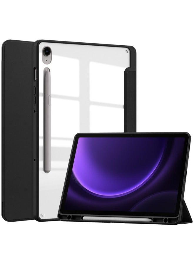 Samsung Galaxy Tab S9/S9 FE Case, Trifold Flip Slim Leather with S Pen Holder, Auto Wake Sleep, Smart Magnetic Cover Clear Acrylic Back Shockproof Case for Samsung Tab S9/S9 FE 2023, Black  - Image 1