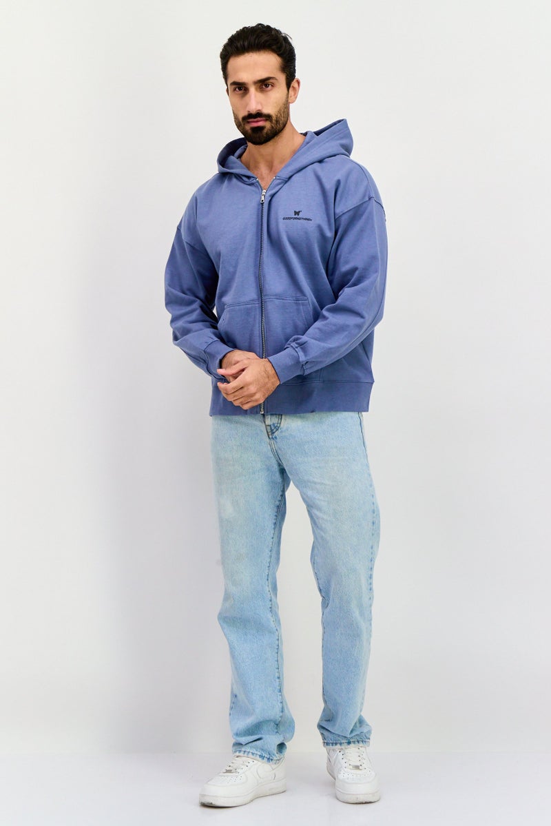 GOOD FOR NOTHING Men Long Sleeves Brand Logo Hooded Sweatshirt, Sage Blue - Image 4