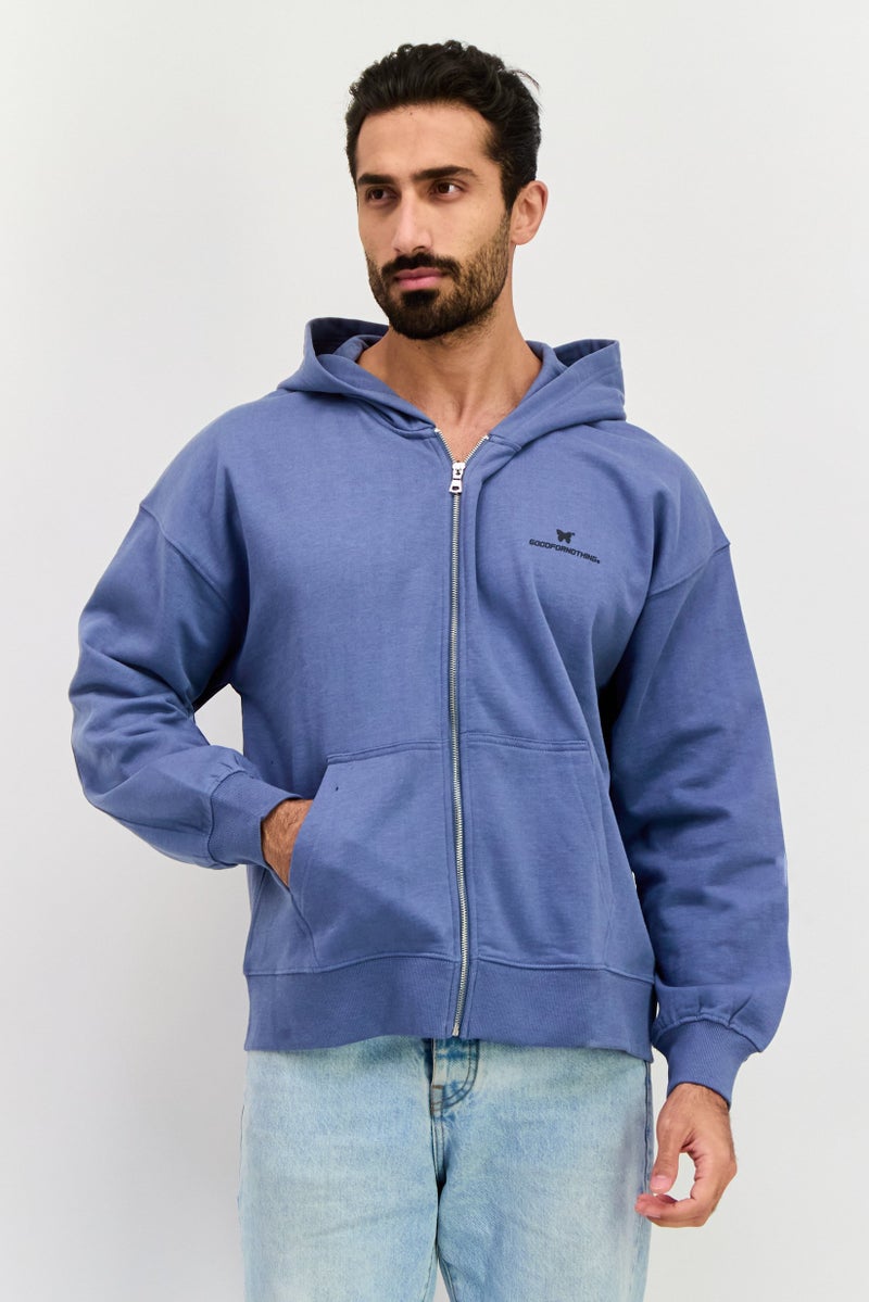 GOOD FOR NOTHING Men Long Sleeves Brand Logo Hooded Sweatshirt, Sage Blue - Image 1