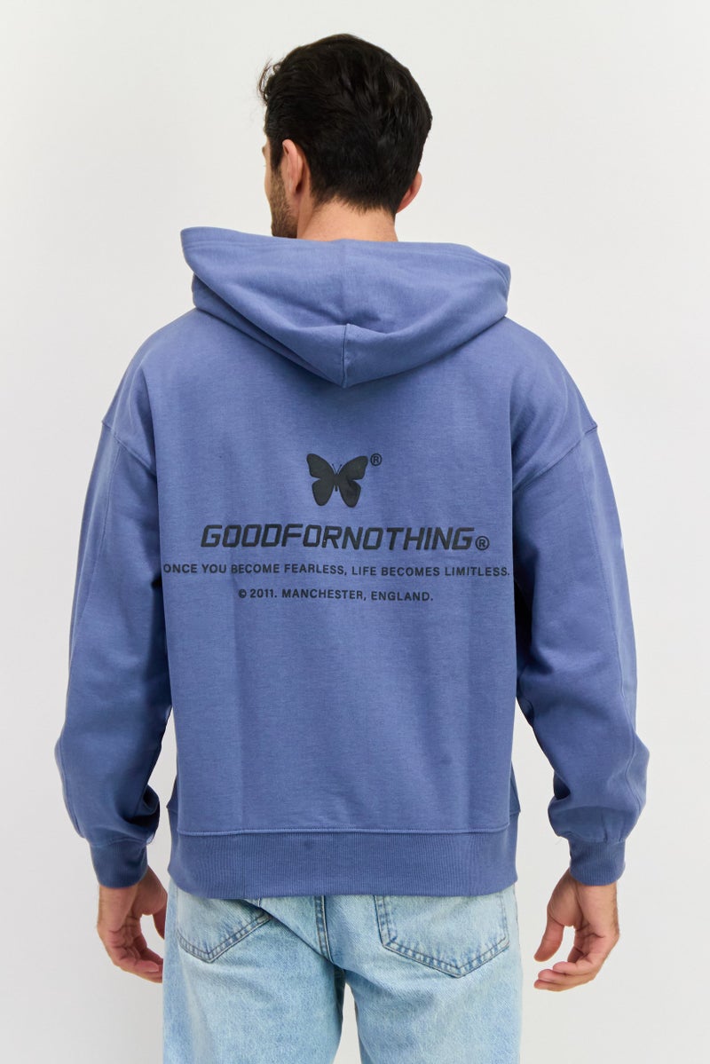 GOOD FOR NOTHING Men Long Sleeves Brand Logo Hooded Sweatshirt, Sage Blue - Image 2