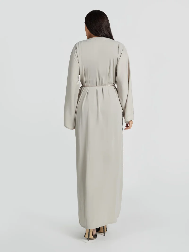 Reem Abayas  Light Beige Cut-Work Floral Abaya - Contemporary Modest Outerwear for Women | Best Price UAE
