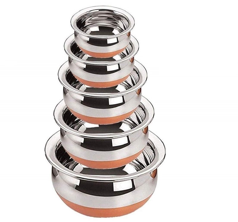 Maruti Creation Steel Handi Set Copper Bottom Handi Set Kitchen Serving Cooking Bowl Milk Pot pan Handi Set 5Piece Punjabi Handi biryani Steel tope Set 500ml 800ml 1000ml 1200 ml 1500 ml  - Image 1