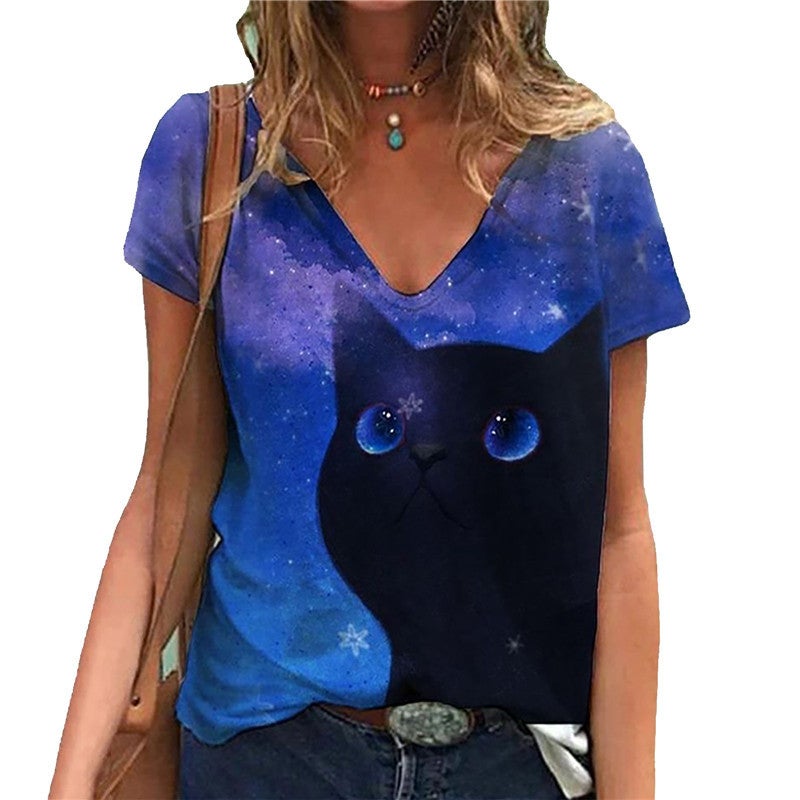 2021 New Pullover V-Neck Printed Street Short Sleeve Multi-Color Loose T-Shirt For Women - Image 2