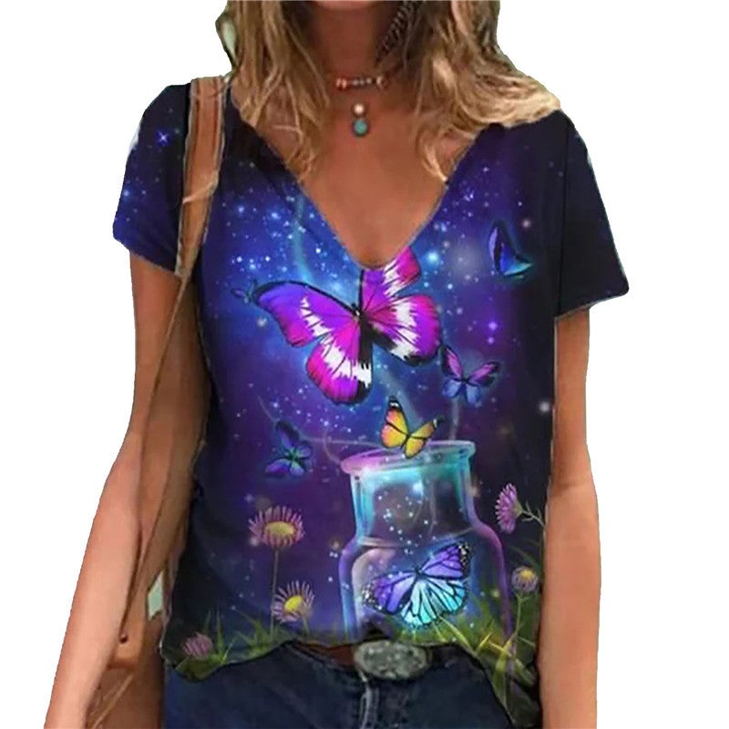 2021 New Pullover V-Neck Printed Street Short Sleeve Multi-Color Loose T-Shirt For Women - Image 3