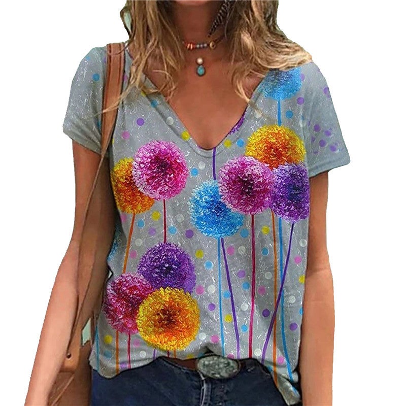 2021 New Pullover V-Neck Printed Street Short Sleeve Multi-Color Loose T-Shirt For Women - Image 5