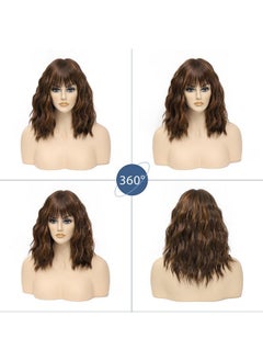LOSMOEER Brown Highlight Wig With Bangs Short Wavy Wigs For Women Shoulder Length Curly Bob Wigs Heat Resistant Synthetic Wigs For Halloween Cosplay Daily Party Use  - Image 3
